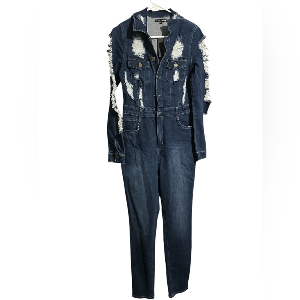 Fashion Nova Large distressed denim jumpsuit.